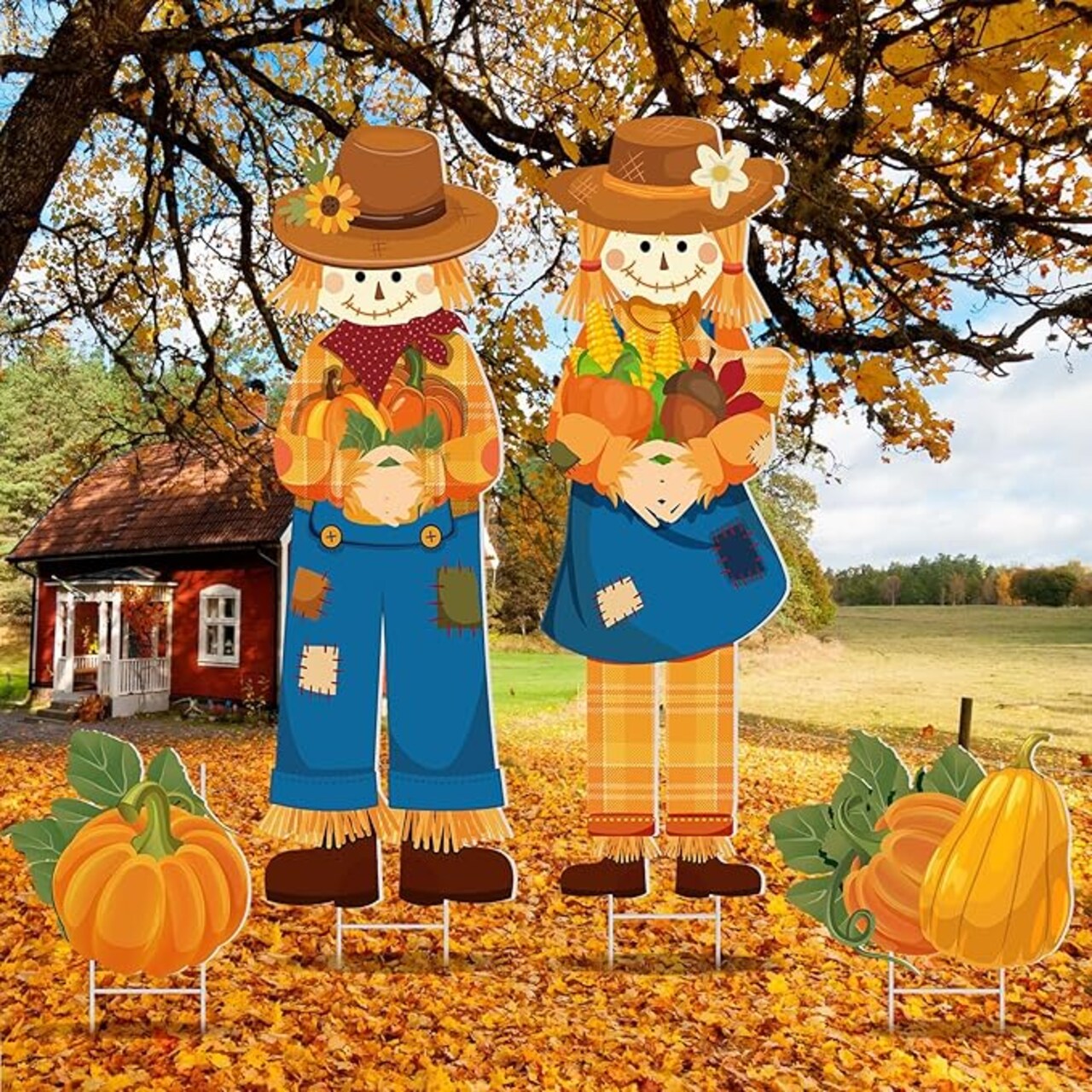 4 Pieces of Fall Outdoor Decorations Scarecrow Yard Stake Thanksgiving. Scarecrow Pumpkin Porch Sign with Stake Fall Yard Decor Autumn Harvest Garden Sign for Outdoor Lawn Decorations (32.28 x 10.47 inches)